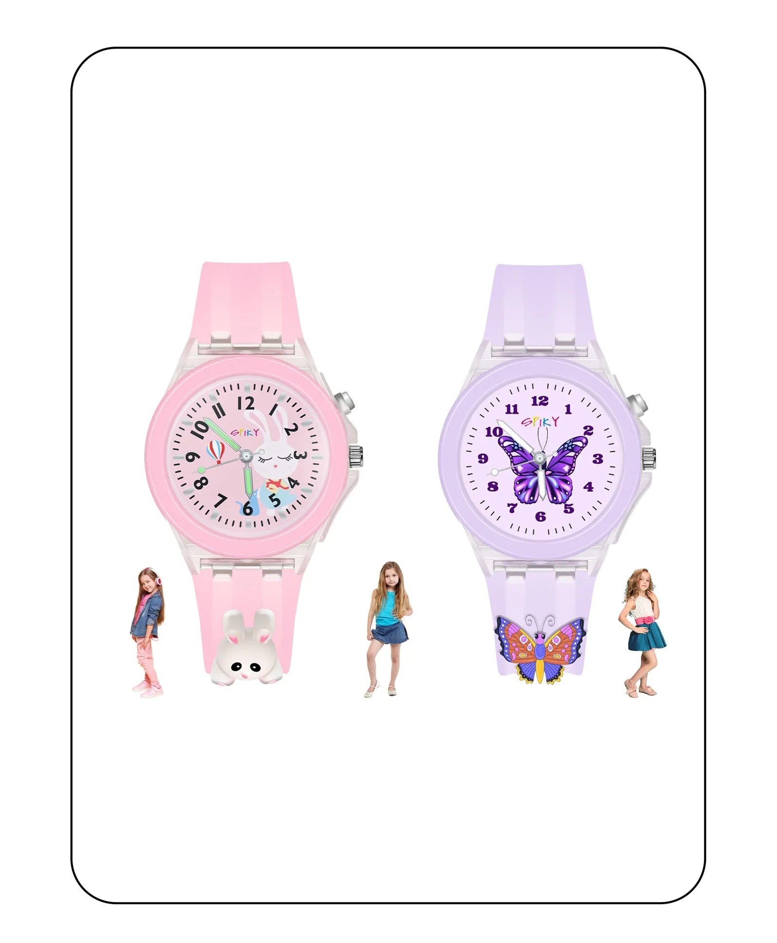 Spiky 3D Astronaut & Rabbit Cartoon Analog Light Watch Combo - Blue & Pink
